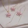 Halsband örhängen set mode smycken 14k guldpläterad söt rosa zirkon körsbärsblomhänge öronlinje eleganta kvinnor partitillbehör