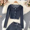 Work Dresses Hong Kong Style Retro Design Sense Of Burlap Slim Short Tops Peplum Half-body Skirt Denim Two-piece Suit