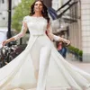 Eleganckie liniowe suknie ślubne długie rękawy koronkowy kombinezon 2023 Szyfonowy aplikacja Rucha Sweat pociąg ślubny suknie ślubne 293Z