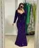 Purples paljetter sjöjungfru muslimska aftonklänningar ärmar fest prom svep tåg lång klänning för speciell ocn