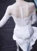 Elegante Vestido de Noiva Sereia Chiffon com Renda Vestidos de Noiva Decote Transparente Manga Longa Zíper com Botões nas Costas