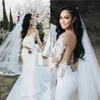 Robes de mariée sirène 2021 avec manches longues illusion Dubaï arabe sexy dos transparent robes de mariée en dentelle Appliqued Tulle Cour2486