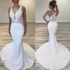 2022 Skromne białe sukienki ślubne syreny uk Sheer Szyjka Smukła obcisła kwiatowa aplikacja Illusion Back Boho Bridal Sukienka Fitt295p