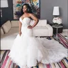 2021 Vintage Sexy African Mermaid Wedding Dresses Sweetheart Illusion Lace Appliques Crystal Beaded Ruffles Tiered Organza Formal 178o