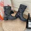 Stiefeletten, Designer-Stiefel, Winterstiefel, Damenstiefel, Geschirr, Gürtel, Schnalle, Rindsleder, Blockabsatz, Reißverschluss, Ritter, Modedesigner-Stiefel, Damen-Luxus-Designer-Schuhe