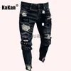 Jeans masculino Kakan europeu e americano de alta qualidade elástico apertado jeans buraco crachá slim-fit calça jeans novo jeans longo K14-881 J230728