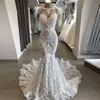 Major feading perły arabska pełna koronkowa suknia ślubna z czystą dekoltą sukienkę syrenną seksowną bez pleców sukien ślubną plus rozmiar vestido254w