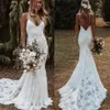 Bohemian Mermaid Wedding Dresses 2022 Backless Lace Applique Beach Country Spaghetti Straps Brudklänningar Vestido de Noiva CG001281I