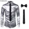 Chemises décontractées pour hommes Noir Chemises habillées en soie pour hommes 3PcsShirt TieBowtie Chemise en satin lisse Hommes Slim Fit Party Prom Chemises décontractées Hommes Social Camisa 230729