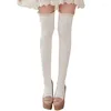 Women Socks Twist Cable Knit Thigh High Stockings With Frilly Ruffled Lace Trim Vertical Striped Jacquard Over Knee Long 37JB