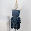 Casual Dresses Summer Lady Fashion Ripped Tassel Pleated Ball Gown Denim Camisole Dress Woman Chest Wrapping Spaghetti Strap