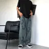 Pantalones vaqueros de pierna ancha Ins para hombre, estampado de grafiti Vintage, pantalones rectos de tubo recto de estilo Hong Kong de verano, pantalones lavables de moda para estudiantes