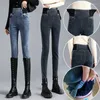 Damesjeans 2023 Winter Thicken Fluwelen Hoge Taille Denim Broek Mode Voeg Hip Lift Fitness Leggings Stretch Oversized Potlood toe