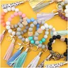 Keychains Lanyards 14 färger Sile Key Ring Armband Pärled Wrislet Keychain Portable House Car Keys Holder With Tassel Keyring Bangl OT84L