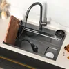 Kitchen Sink Multifunktionella handfat redskap för kök Stort Wash Basin Smart Sink Black Bowl Diskmaskin