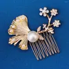 Złoto kolor Pearl Pearl Wedding Hair Akcesoria dla kobiet Tiara Opaska na głowę Ginkgo Biloba Liście Biżuteria Bridal Headpiece