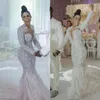 2020 Luxe Arabe Sirène Robes De Mariée Jewek Cou Perles Paillettes Trompette Robe De Mariée À Manches Longues Plume Robes De Novia 275Y