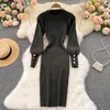 Casual Kleider Frauen Puff Langarm Stricken Bodycon Kleid Mit Knopf Vintage Französisch Mode Vestidos Slim Enge Elegante Büro Dame y2k