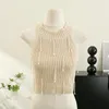 Women's Tanks Women Casual Knitted Camis Chic Beading Slim Corset Pearl Tassel Thread Halter Crop Tops Sleeveless Off Shoulder Solid