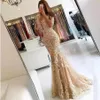 Elegant 2021 Champagne Lace Mermaid Prom Dresses Sheer Half Sleeves Backless Illusion Jewel Neck Formal Evening Dresses Wear Party249T