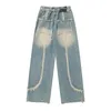 Heren Jeans Y2K Kwastje Ruwe Rand Gescheurd Gewassen Blauwe Broek Unisex Rechte Retro Elastische Taille Baggy Denim Broek Oversized Cargos