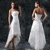 2022 Wedding Dresses Sexy Strapless Appliques Lace High Low Little White Ivory Lace Up Back Summer Beach Short Bridal Gowns284W