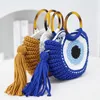 Kvällspåsar Rope virkade handväskor Tassel Eyes Tote Round Handle Clutch Female Handmade Knitting Garn Beach For Women Woven Shoulder Bag 230731