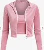 Women's Two Piece Girls Sling Hooded Long Sleeve Sweater Set Full Zip Velvet Cropped Sweatshirt With Embroidered Cami Top