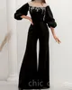 2023 april Aso Ebi Black Mermaid Jumpsuits Prom Dress Pärled Crystals Evening Formal Party Second Reception Birthday Engagement Gowns Dress Robe de Soiree ZJ656