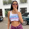 Serbatoi da donna Bordo dell'orecchio in legno Collo con lacci Stampa lettera Piccola canottiera Canotta sexy da festa Tee Estate Streetwear Abbigliamento per donna Top