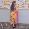 Ethnic Clothing African Printed Maxi Dress Women Pleated Half High Neck Long Sleeve Loose Fit Party Club