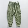 Men's Pants Z624 Premium Cotton Linen Elastic Waist Solid Color Simple Vintage Loose Casual Soft Thin Multi Pocket Cargo Trouser