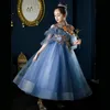 Blue Girls Dresses 3D V Neck Long Sleeve Kids Teens Pageant Gowns Birthday Party Dress For Wedding Cooktail Gown Flower Girl Bride Vestidos De Novia 403