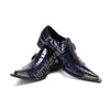 Beaux hommes chaussures de luxe à la main en cuir chaussures habillées hommes bout pointu en métal bleu affaires et fête Zapatos Hombre