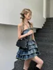 Casual Dresses Summer Lady Fashion Ripped Tassel Pleated Ball Gown Denim Camisole Dress Woman Chest Wrapping Spaghetti Strap