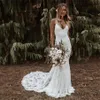 2022 Boho Mermaid Dresses Frustes Spaghetti Straps Lace Backless Beach Sexy V-Neck Bohemian Bridal Vestidos de Noiva255m