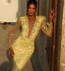 Runway Jurken Sparkle Mermaid Prom Diepe V-hals Kristallen Avondjurk Custom Made Kralen Lange Mouwen Feestjurk