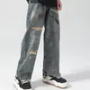 Jeans Masculino Verão Graffiti Desfiado Fino Esfregar Piso Solto Calças de Pernas Largas Calças Causais de Rua Alta Roupas Masculinas