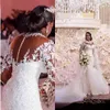 Vintage African Lace Mermaid Wedding Dress Crystals Beaded Appliques Tulle Long Sleeve Formal Bridal Gowns Buttons Sheer Back Long342t