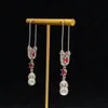 Earring Vintage engrave Pin modeling Ruby Pearl Zircon long Dangle Chandelier, designer temperament sweet cool ladies earrings, banquets, parties, gifts