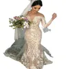 Szampana suknie ślubne Boho elegancka koronkowa sukienka ślubna syrenka Illusion szyja długie rękawy wiejskie ogrodowe suknie ślubne 2840