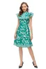 Women's Runway Dresses O Neck Sleeveless Ruffles Printed A Line Fashion Short Vestidos with Belt