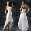 2022 Abiti da sposa Sexy senza spalline Appliques Pizzo Alto Basso Little White Avorio Lace Up Back Summer Beach Abiti da sposa corti294i