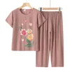 Kvinnors sömnkläder Summer Kvinnor Kläder Middle Aged Mother Short Sleeved Cotton Linen Set Tryckt stor storlek Mormor Pyjamas Suit 4xl