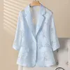 Women's Suits Luxury Summer Women Flowers Organza Sun Protection Blazers Coat Floral OL Hollow Out Gauze Suit Cardigan Half Sleeve Blue Tops