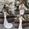 2018 Crystal Design Mermaid Wedding Dresses Deep V Neck Sweep Train 레이스 튤립 아플리케 벨 슬리브 컨트리 신부 드레스 vestido 2926
