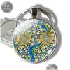 Keychains Lanyards Artistic Keychain Art Flower Pattern Glass Cabochon Metal Key Chain Fashion Pendant Handgjorda varma hjärtgåvor för Dh8wh