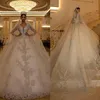 Dubaï arabe robe de bal robes de mariée 2021 luxe manches longues appliqué dentelle cristal perles robes de mariée col en V Vestidos De Novia289U