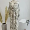 Vestuário étnico Verão Estampa floral Camada plissada Vestido longo com babados Chiffon Manga comprida Islâmico Doce Estilo Muçulmano Mulheres Abaya Modesto