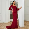 Abiti casual 2023 Donna 3/4 manica quadrata colletto alto spacco elegante rosso festa di nozze cocktail ballo di fine anno abito lungo a sirena